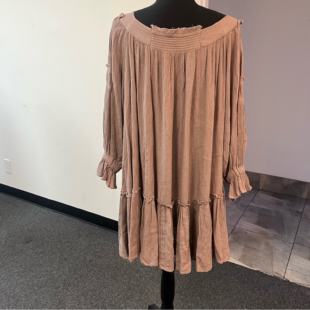 Free People Flowy Pleated Mini Dress XS Oversized Smocked Long Sleeve Boho - Picture 7 of 11